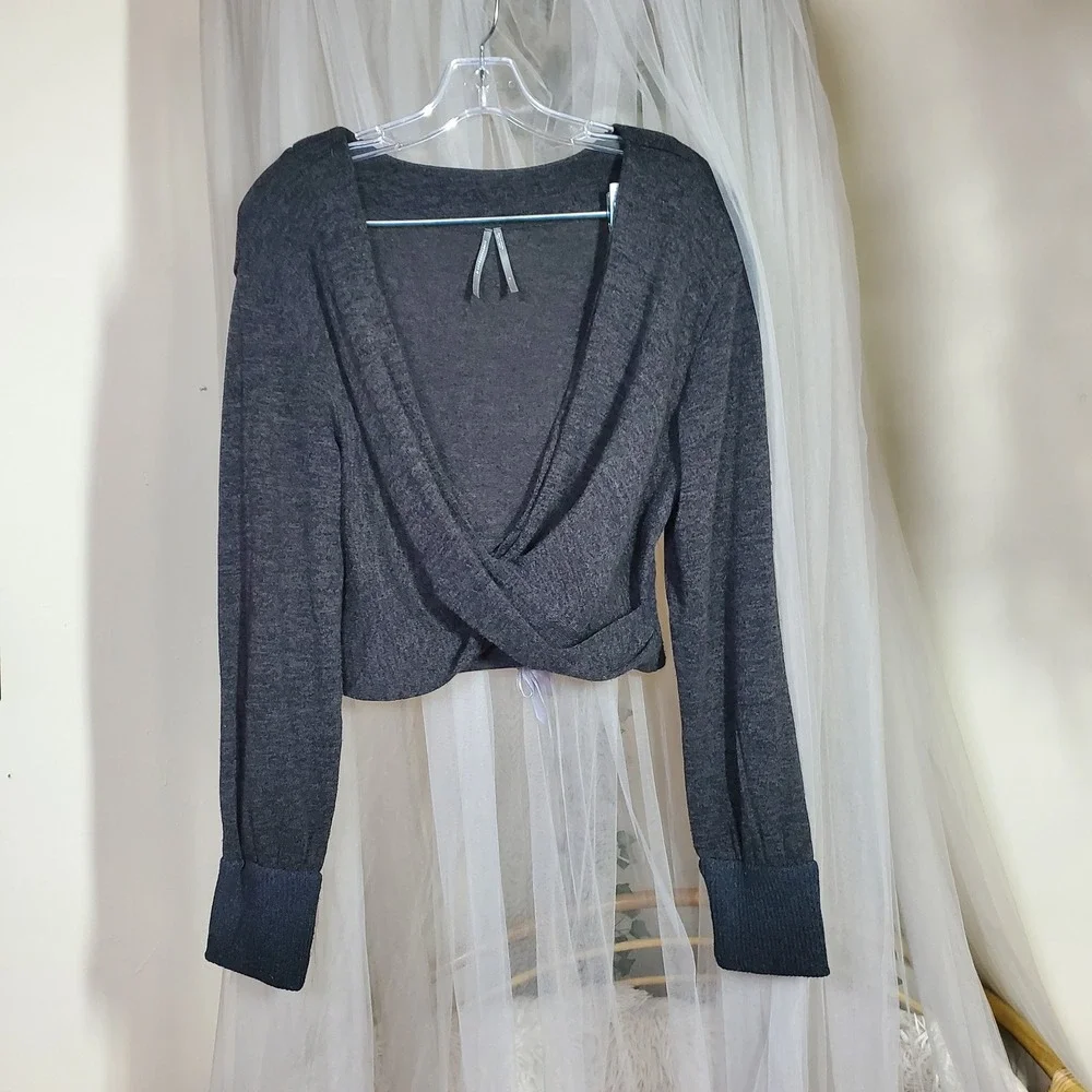 Anthropologie Surplice Wrap Balletcore Sweater Charcoal Parisian Crop Top Small